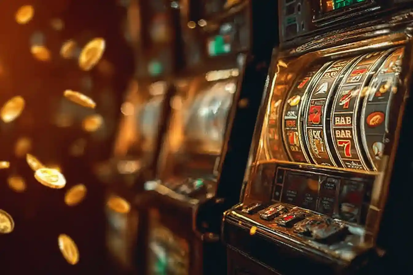 Colorful slot machine with reels and symbols